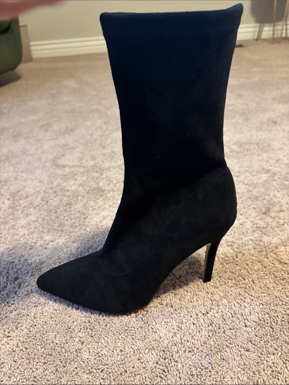 Women’s Black Suede Pointed-Toe Stiletto Ankle Boots with Side Zipper. Brand new